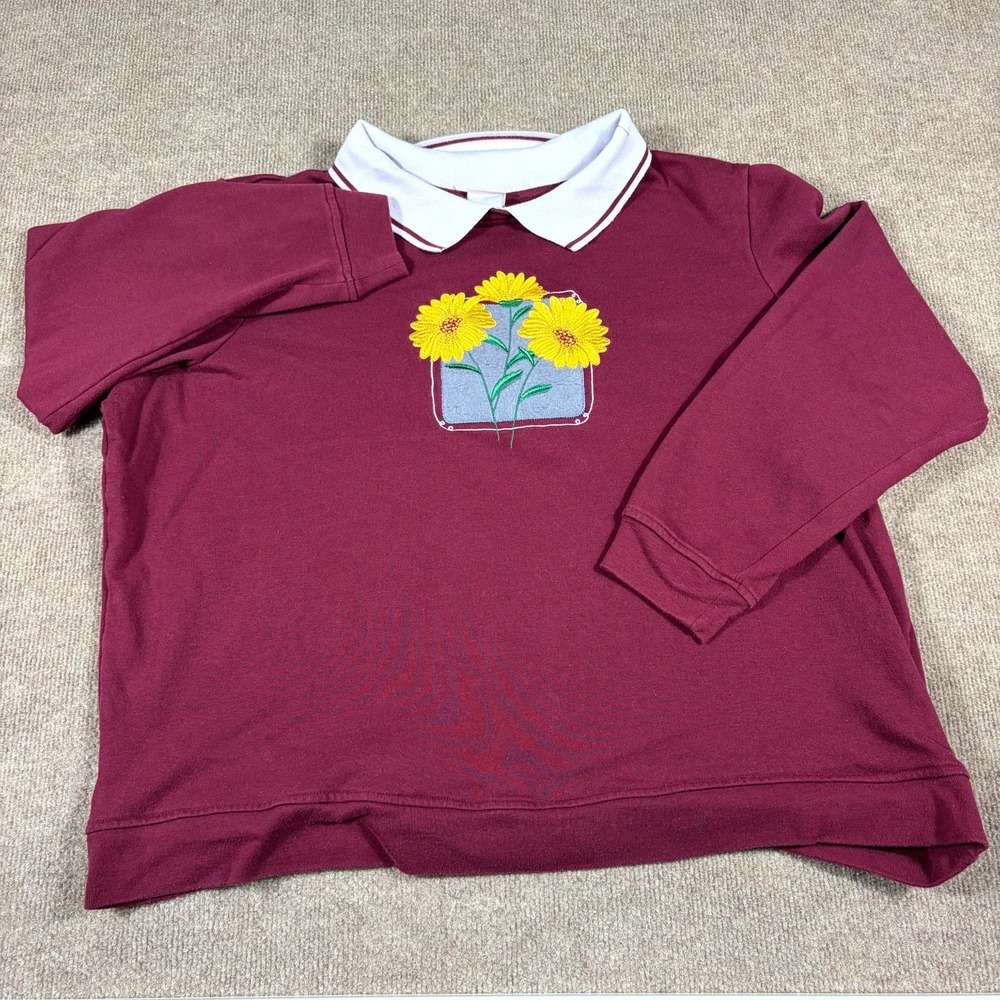 Vintage Adrian Delafield Sweatshirt Womens Maroon Fleece Floral Embroidered S